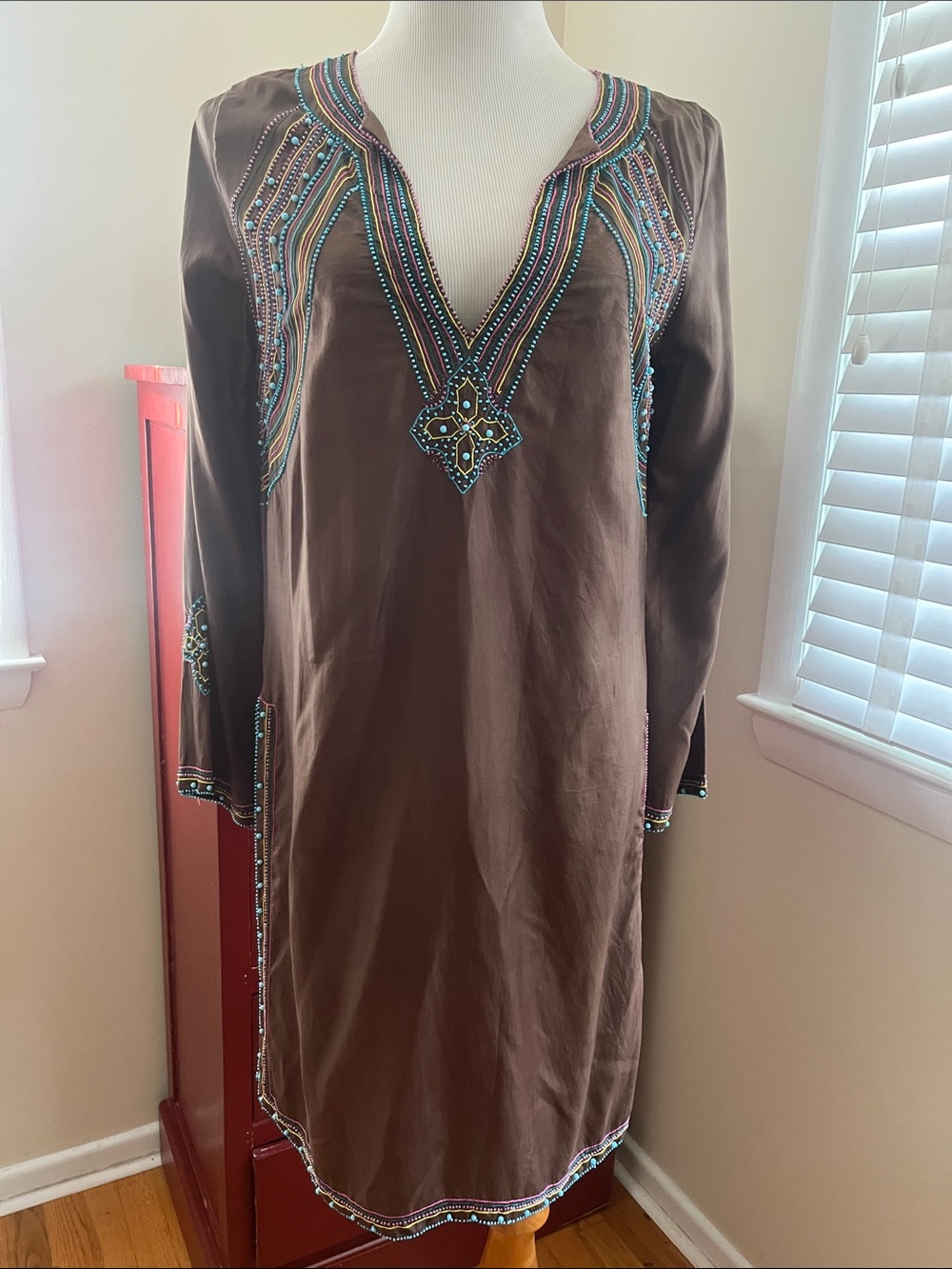 BCBGMaxAzria Brown Tunic with Turquoise, Pink & Yellow Embroidery